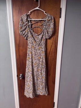 GUC Forever 21 Taupe Midi Dress with Yellow Floral Print and Puff Sleeves